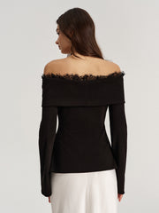 3D Rose Lace Trim Off-Shoulder Top