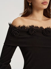 3D Rose Lace Trim Off-Shoulder Top