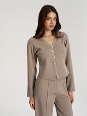 Metal Button V-Neck Knit Cardigan