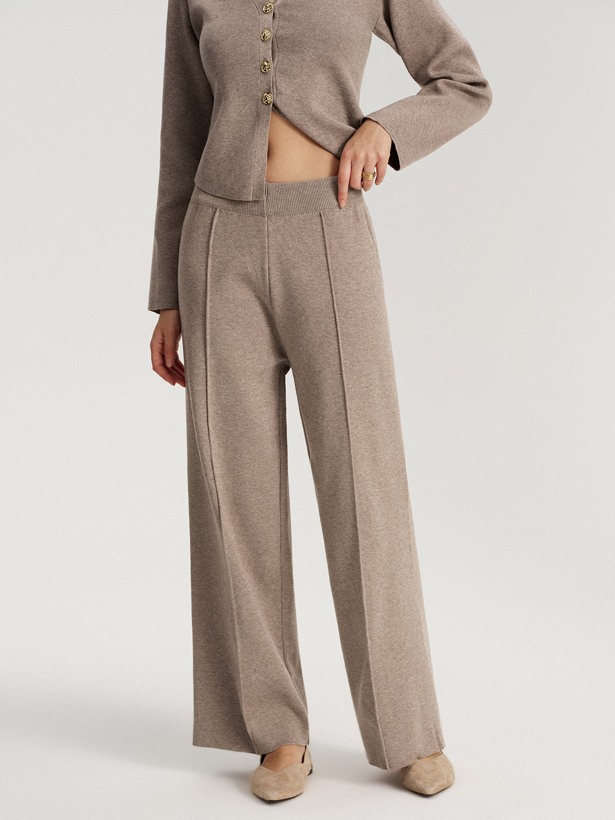 Mid-Waist Knit Wide-Leg Pants