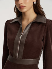 Faux Leather Panel Corduroy Midi Dress