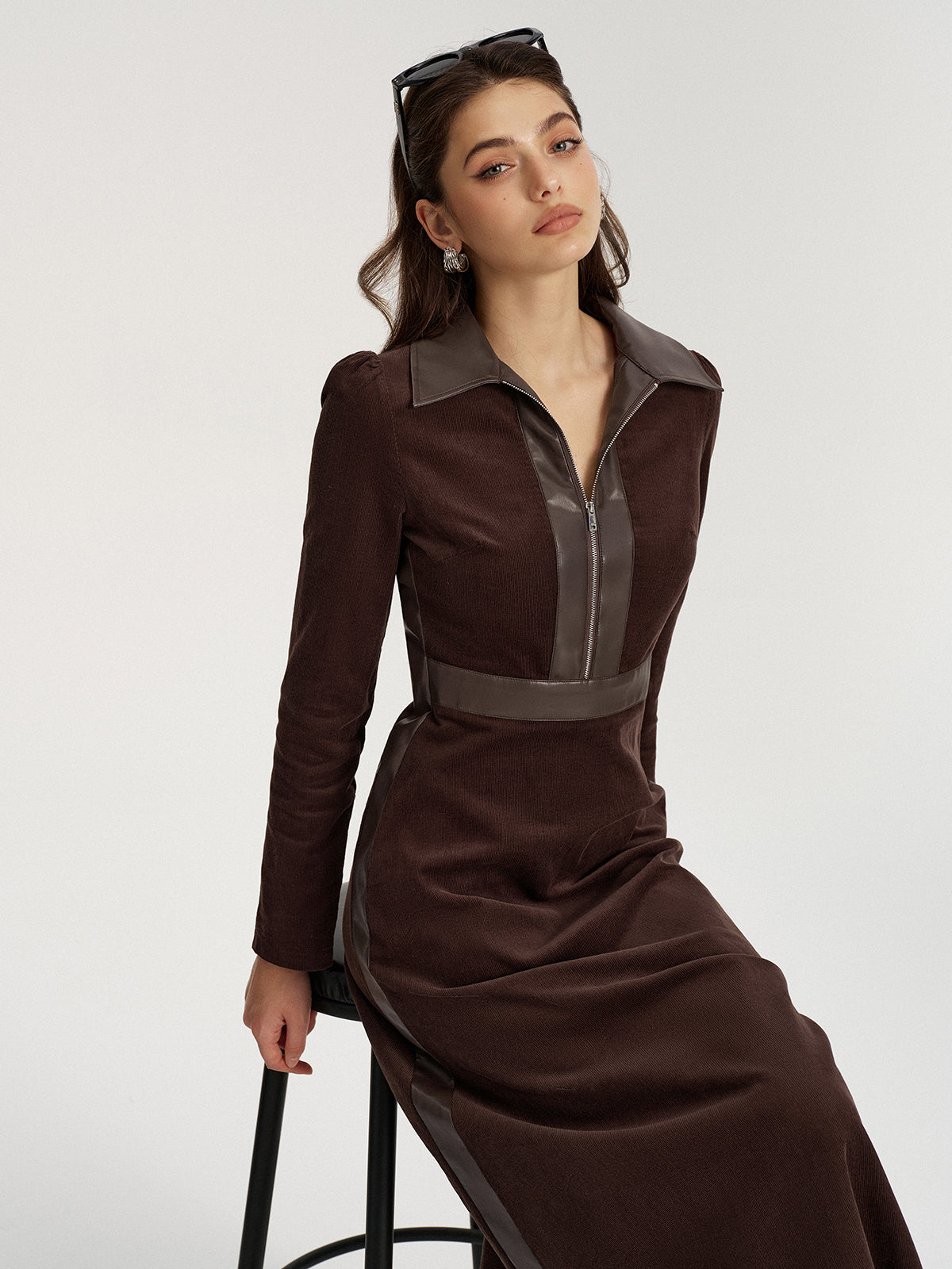 Faux Leather Panel Corduroy Midi Dress