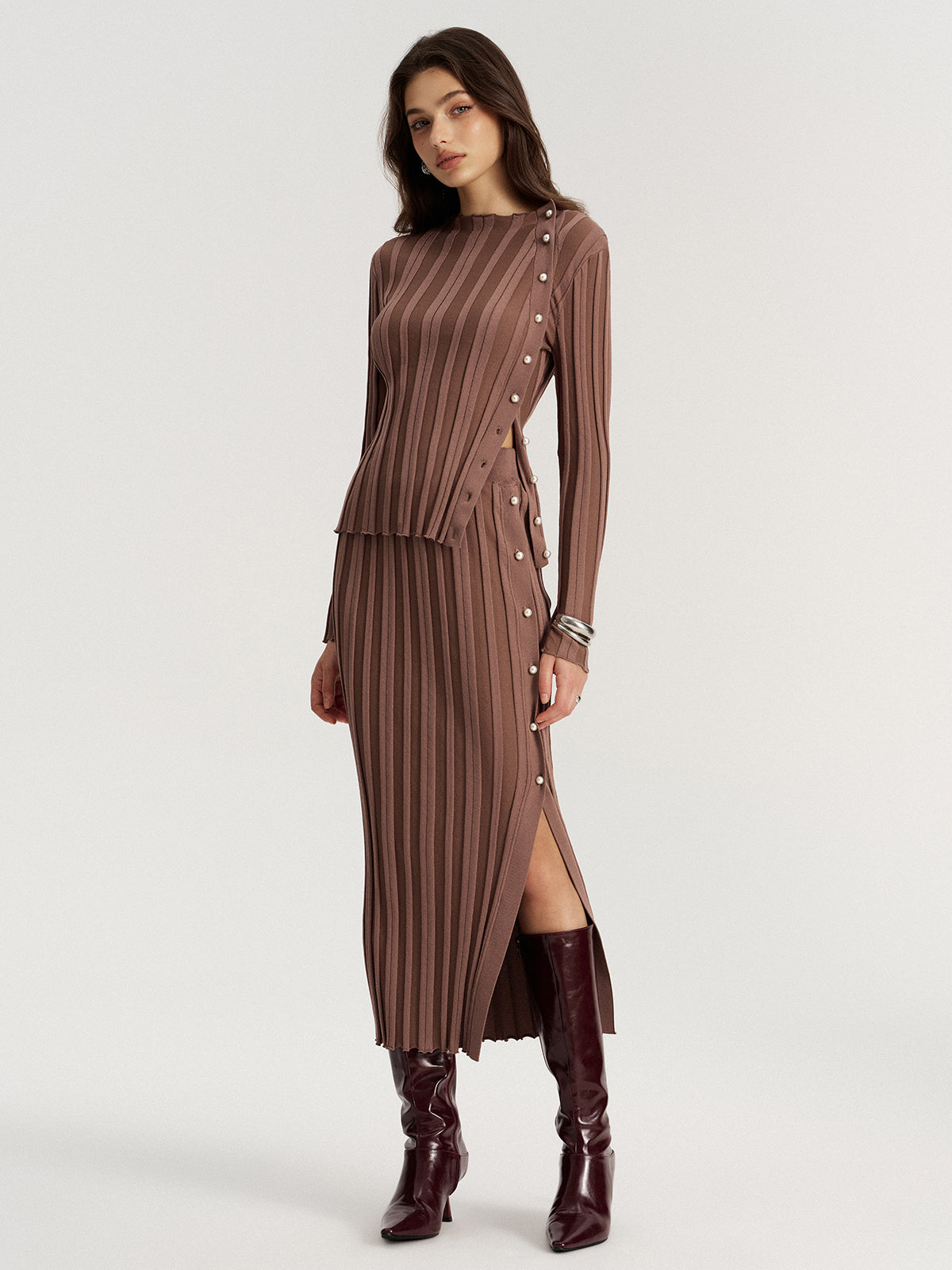 Side Button Knit Top and Midi Skirt Set