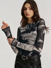 Abstract Print Semi-Sheer Long-Sleeve Top