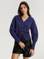 Metal Button V-Neck Knit Cardigan
