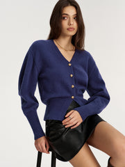 Metal Button V-Neck Knit Cardigan