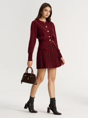 Metal Button Cardigan and Pleated Mini Skirt Set
