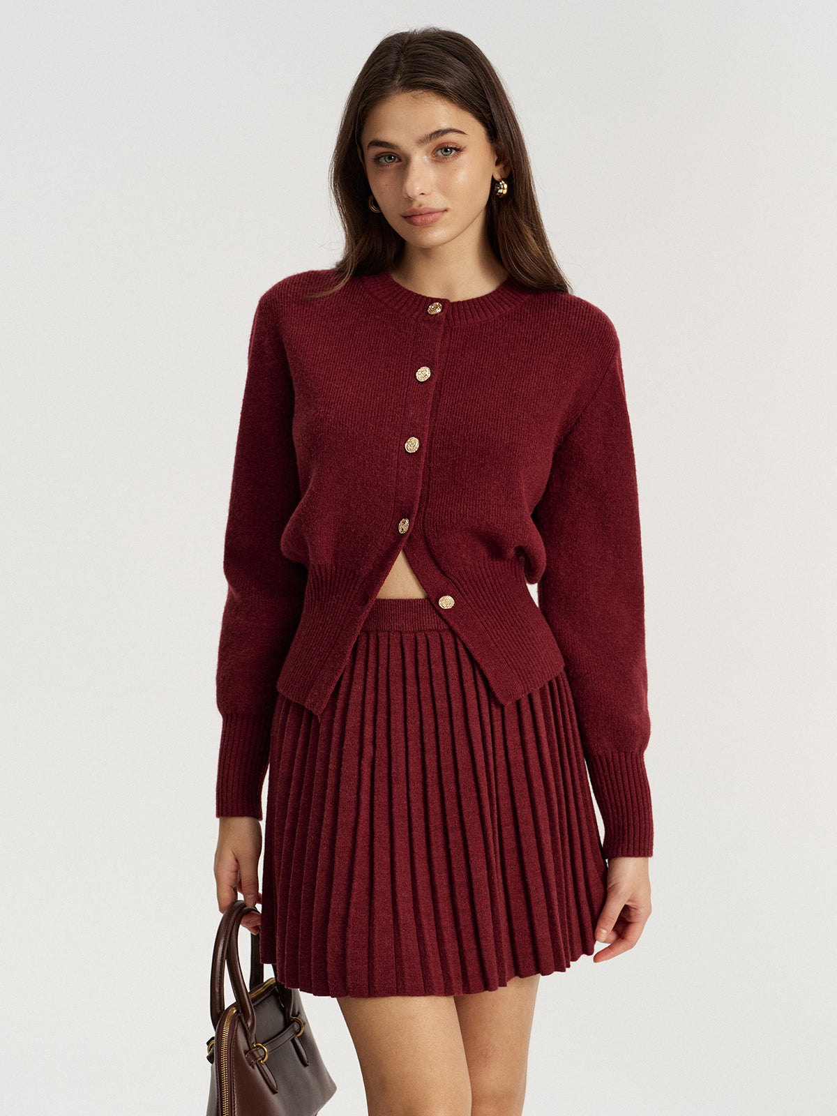 Metal Button Cardigan and Pleated Mini Skirt Set