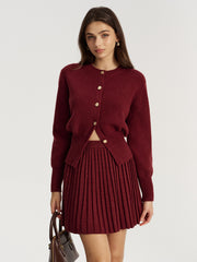 Metal Button Cardigan and Pleated Mini Skirt Set