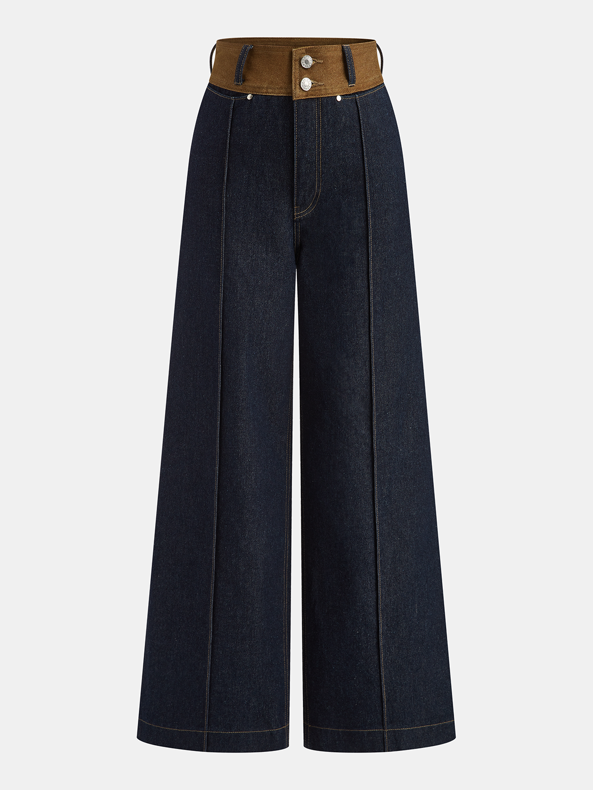 Contrast Waistband Denim Straight-Leg Pants