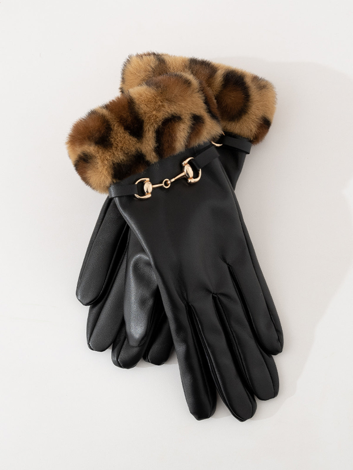 Leopard Faux Fur Cuff Faux Leather Gloves