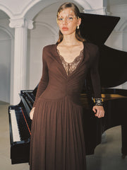 Lace V-Neck Ruched Maxi Dress