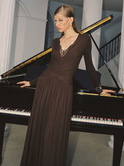 Lace V-Neck Ruched Maxi Dress