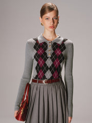 Argyle Wool-Blend Polo Knit Top