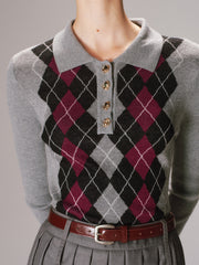 Argyle Wool-Blend Polo Knit Top