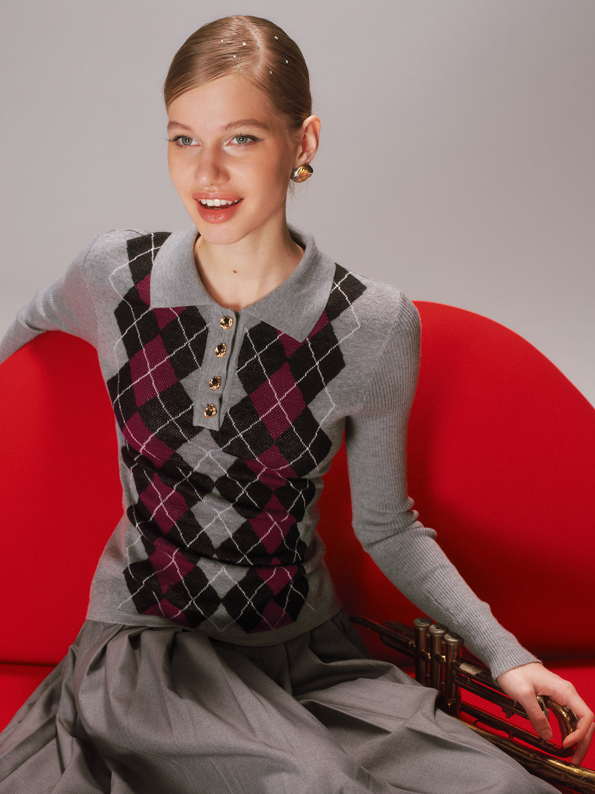 Argyle Wool-Blend Polo Knit Top