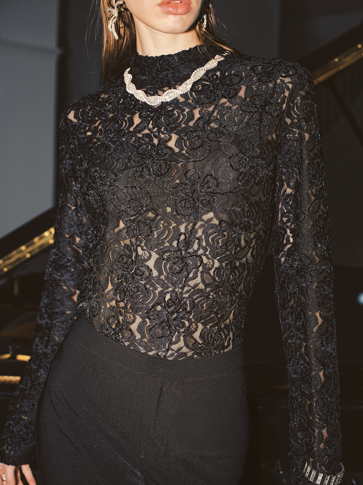 High Neck Lace Floral Long Sleeve Blouse