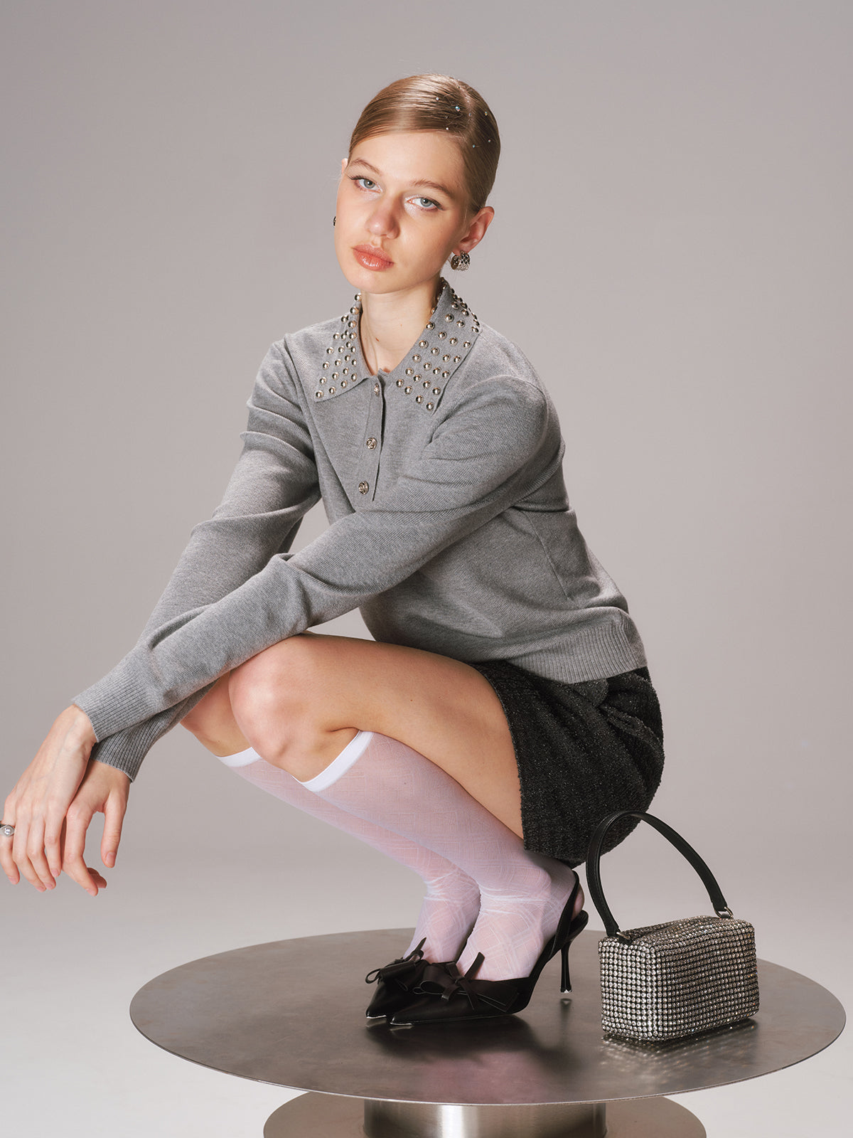 Studded Collar Wool-Blend Knit Polo Sweater