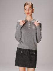Studded Collar Wool-Blend Knit Polo Sweater