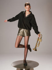 Rhinestone Collar Long-Sleeve Sweatshirt