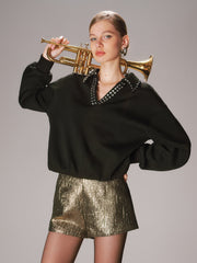 Rhinestone Collar Long-Sleeve Sweatshirt