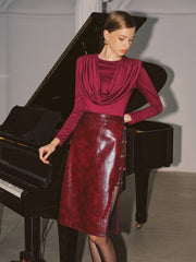 Metal Detail Side Slit Faux Leather Midi Skirt