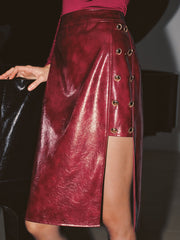 Metal Detail Side Slit Faux Leather Midi Skirt