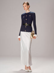 Belted Metal Button Ribbed Knit Top