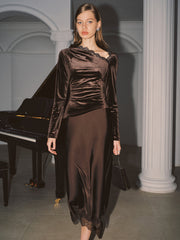Asymmetric Lace Neckline Velvet Blouse