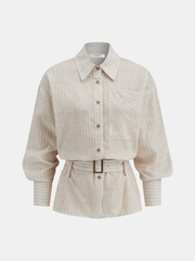 Balloon Sleeve Pinstripe Belted Shirt