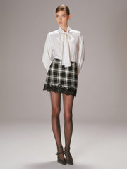 Lace Trim Plaid Tweed Mini Skirt