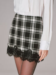 Lace Trim Plaid Tweed Mini Skirt