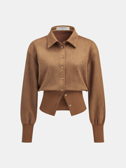Cinched Waist Button-Front Suede Effect Shirt