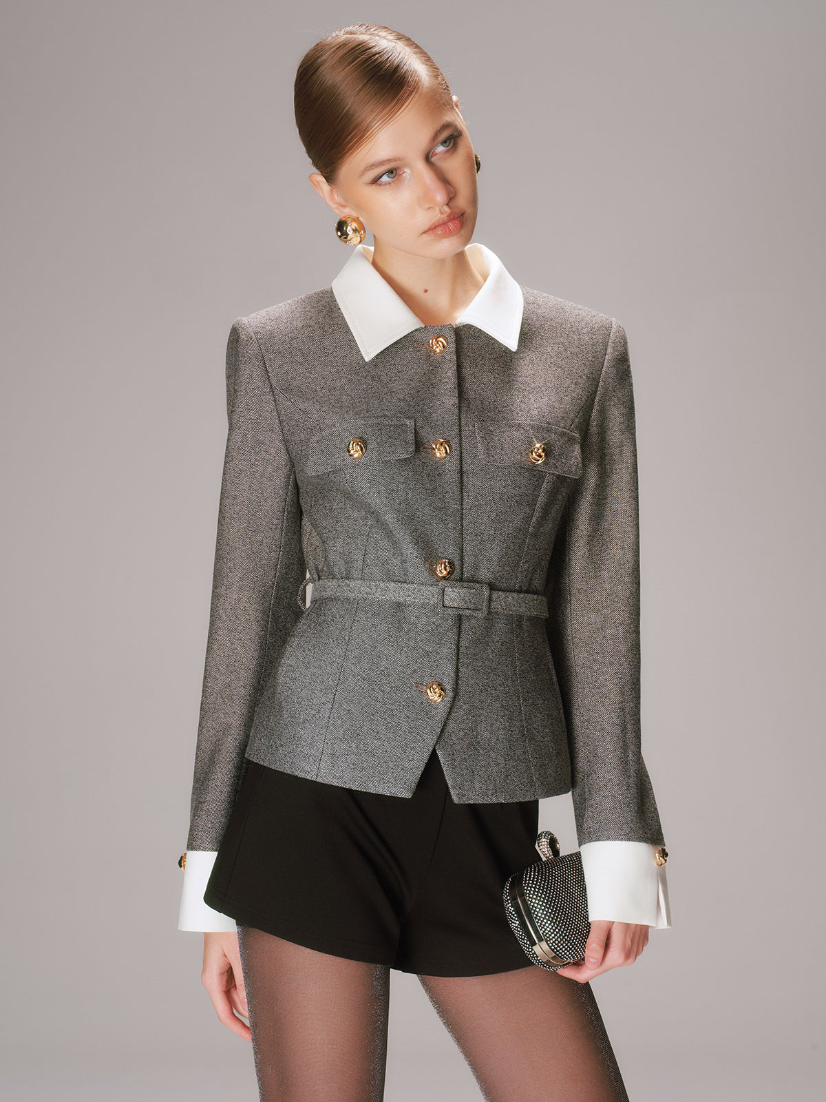 Belted Contrast Collar Tweed Blazer