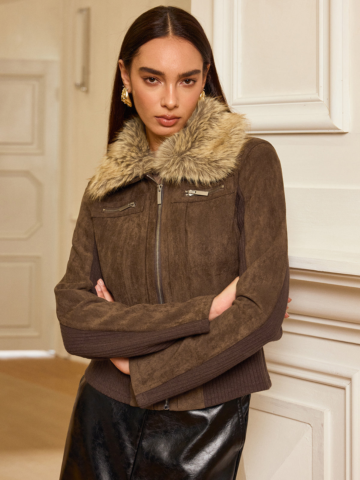 Faux Fur Collar Knit Panel Suede Effect Jacket