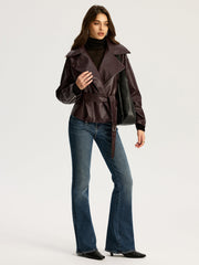 Zip Front Belted Faux Leather Jacket