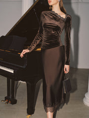 Lace Hem Satin Midi Skirt