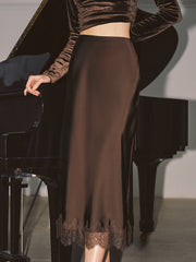 Lace Hem Satin Midi Skirt