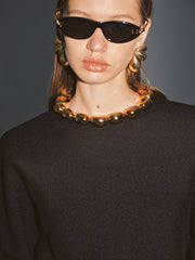 Ball Detail Neckline Long-Sleeve Sweater