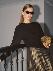 Ball Detail Neckline Long-Sleeve Sweater