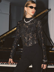 High Neck Lace Floral Long Sleeve Blouse