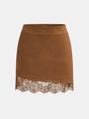 Lace Hem Suede Effect Mini Skirt