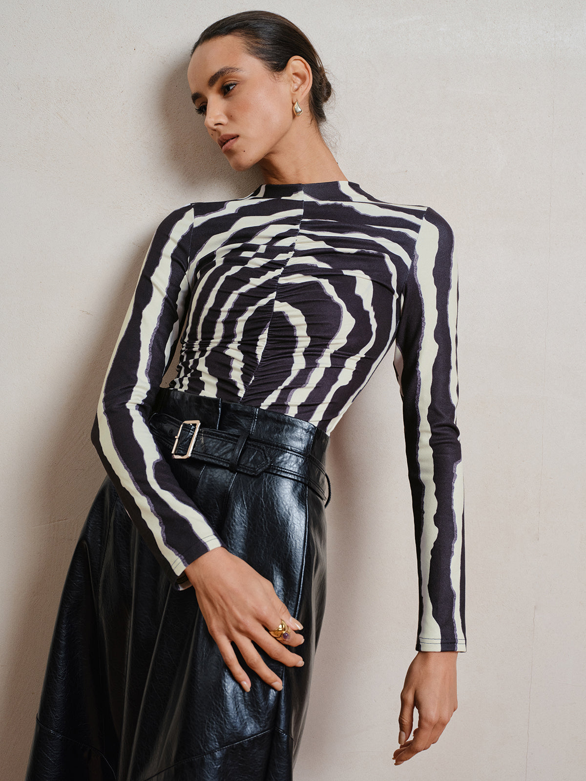 Zebra Print Ruched Long Sleeve Top