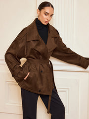 Lapel Suede Effect Belted Trench Coat