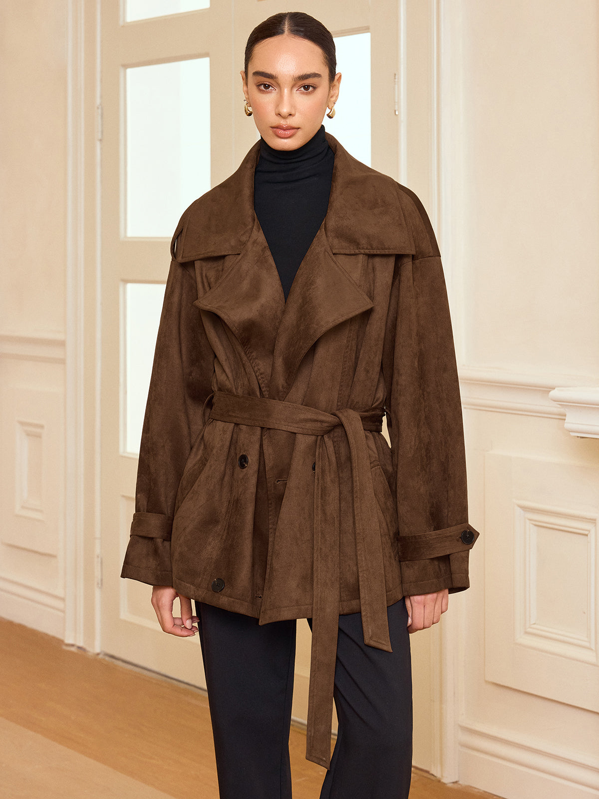Lapel Suede Effect Belted Trench Coat